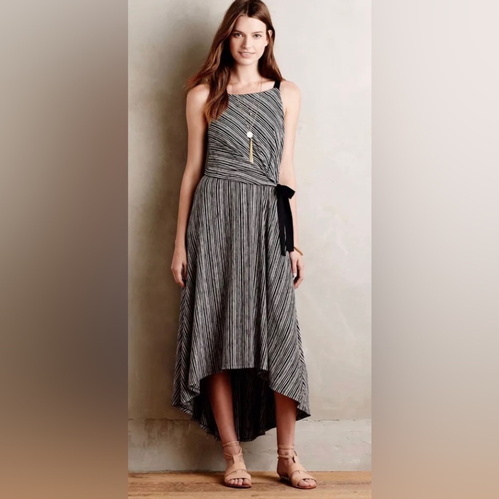 Anthropologie I Maeve Salsola High Low Faux Wrap Jersey Dress Black/White Stripe